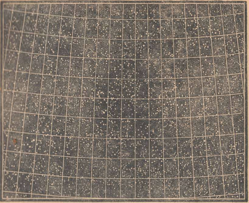 Рис. 98. Звезды того же уголка неба, сосчитанные при помощи телескопа и нанесенные на карту. (Сетка на рисунке изображена для облегчения нахождения отдельных звезд в этой области.)